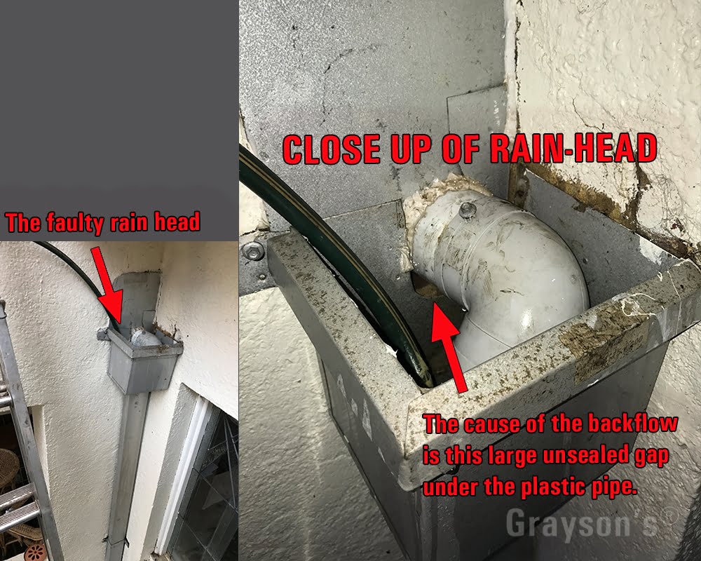 The faulty rainhead with the horizontal and vertical downpipes both seen. The close up view shows the gap.