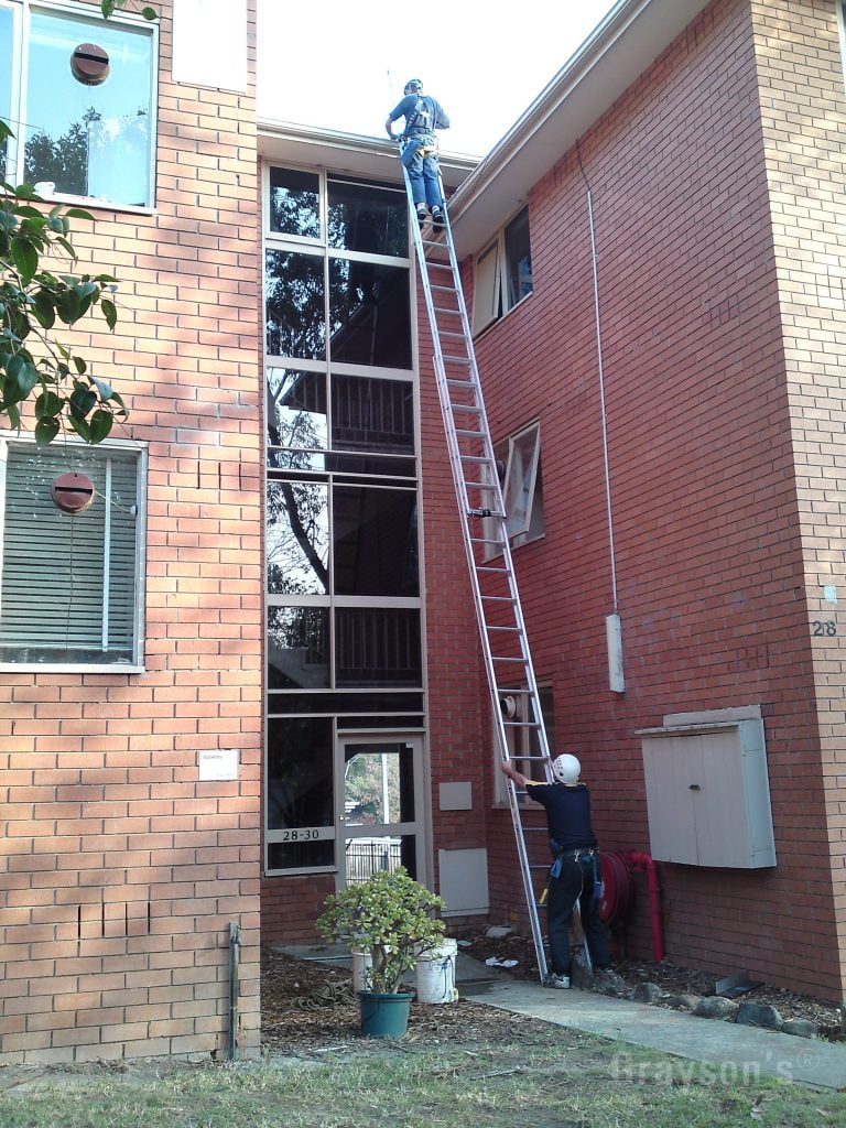 A large industrial strength ladder being used to access a 3 storey roof.