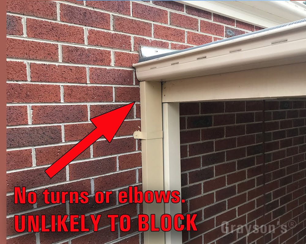 This downpipe is completely vertical with no turns or S-bends, it's very unlikely to block up and makes gutter cleaning easier.